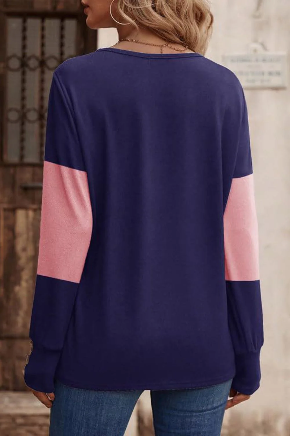Decorative Button Contrast V-Neck Long Sleeve T-Shirt - Image 17