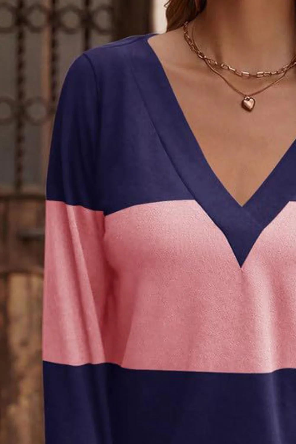 Decorative Button Contrast V-Neck Long Sleeve T-Shirt - Image 18