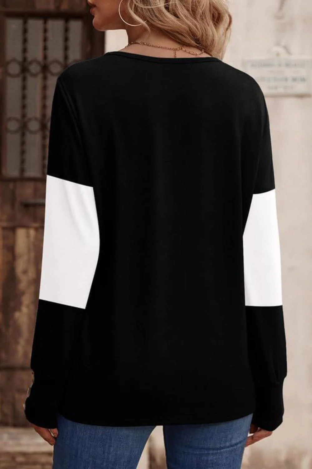 Decorative Button Contrast V-Neck Long Sleeve T-Shirt - Image 8