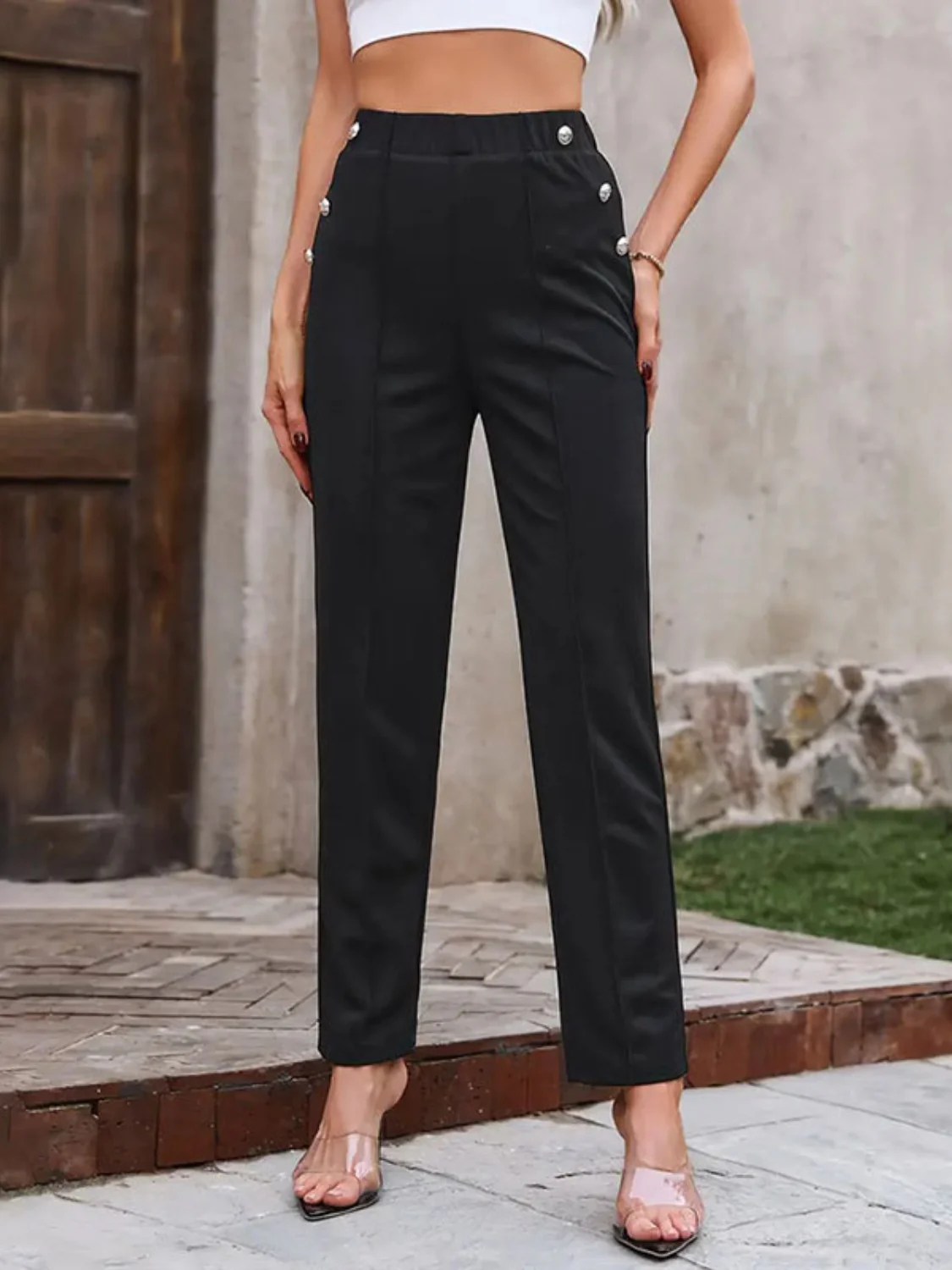 Decorative Button Elastic Waist Pants - Image 3