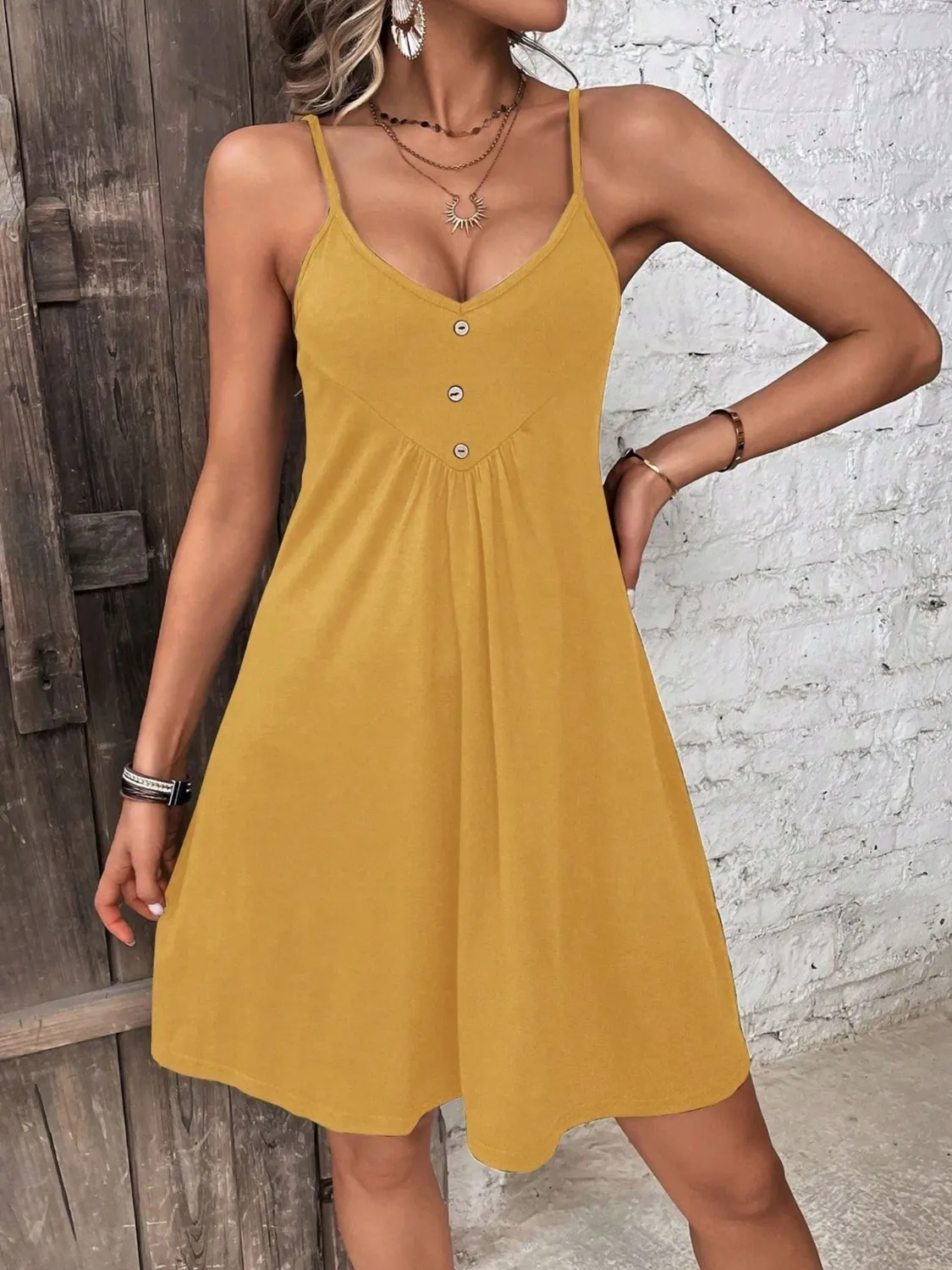 Decorative Button Scoop Neck Mini Cami Dress - Image 33