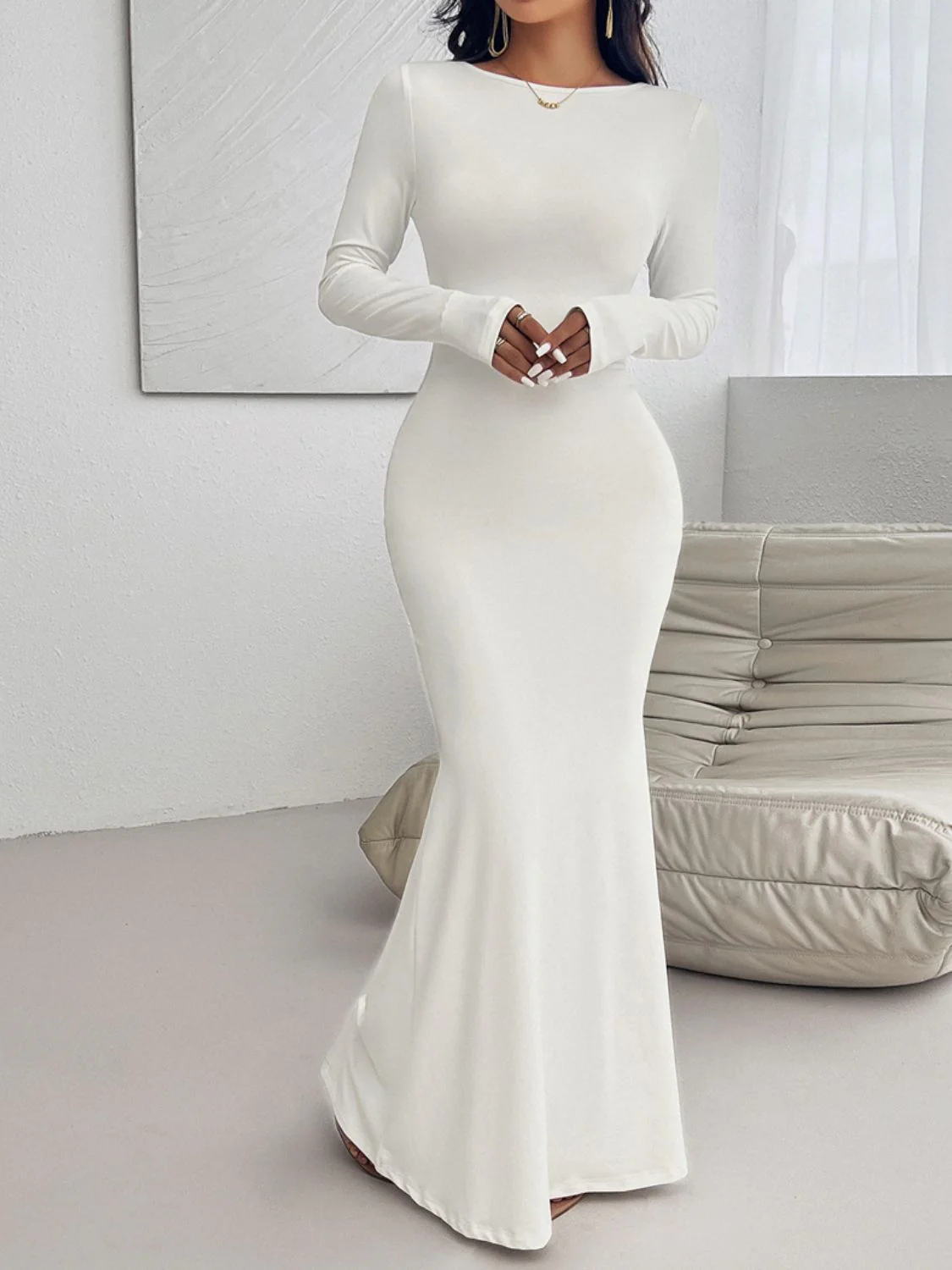 Devine Backless Round Neck Long Sleeve Maxi Dress - Image 11