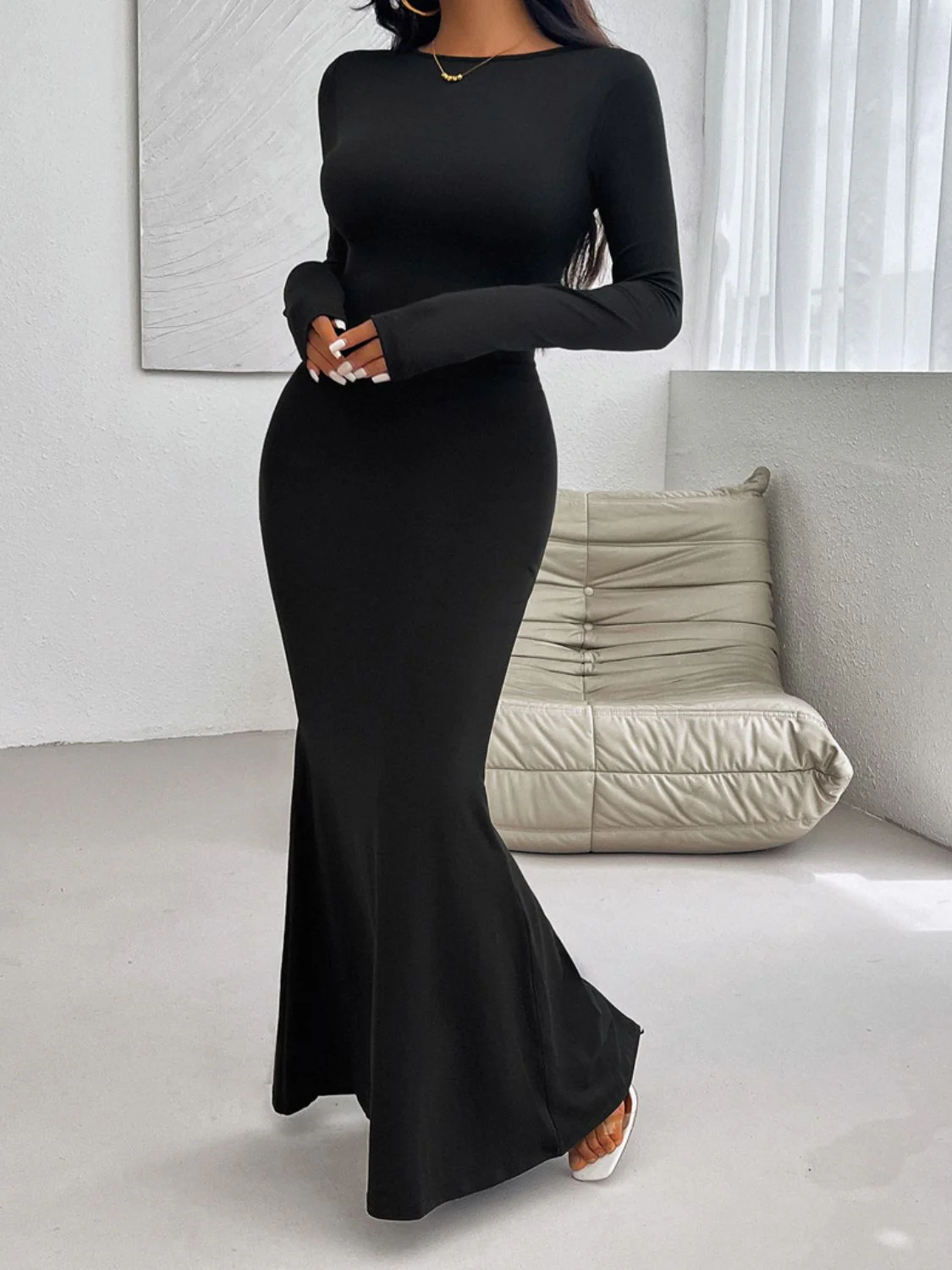 Devine Backless Round Neck Long Sleeve Maxi Dress - Image 14