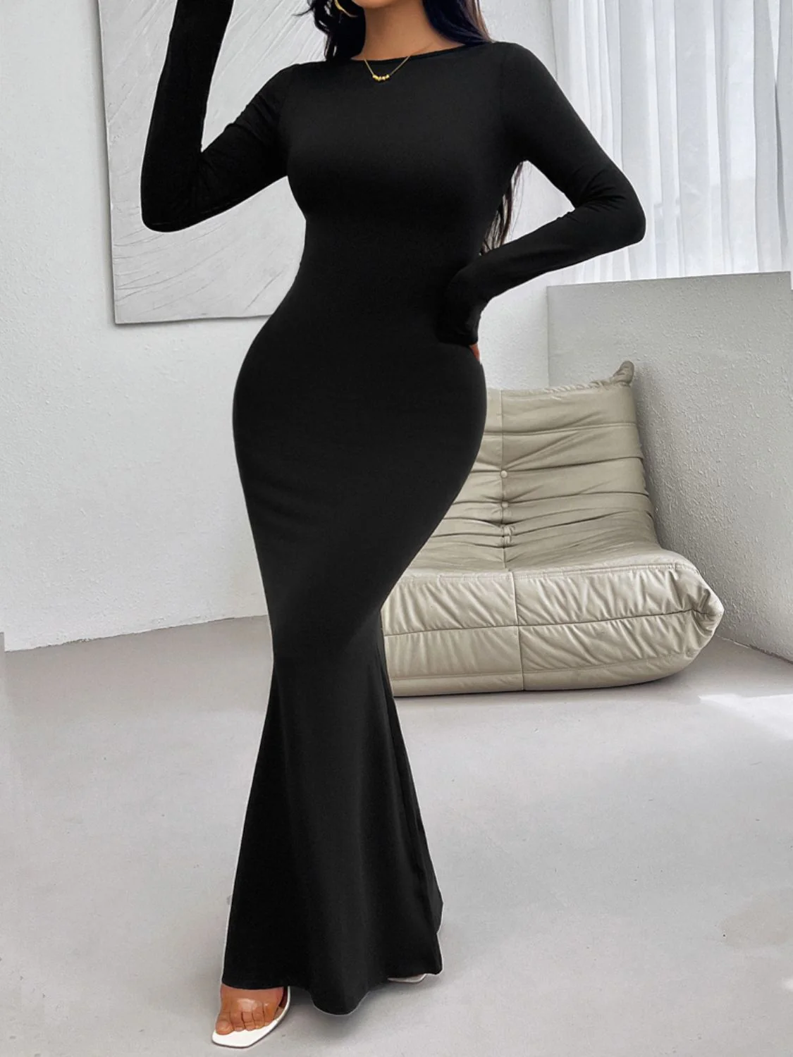 Devine Backless Round Neck Long Sleeve Maxi Dress - Image 16