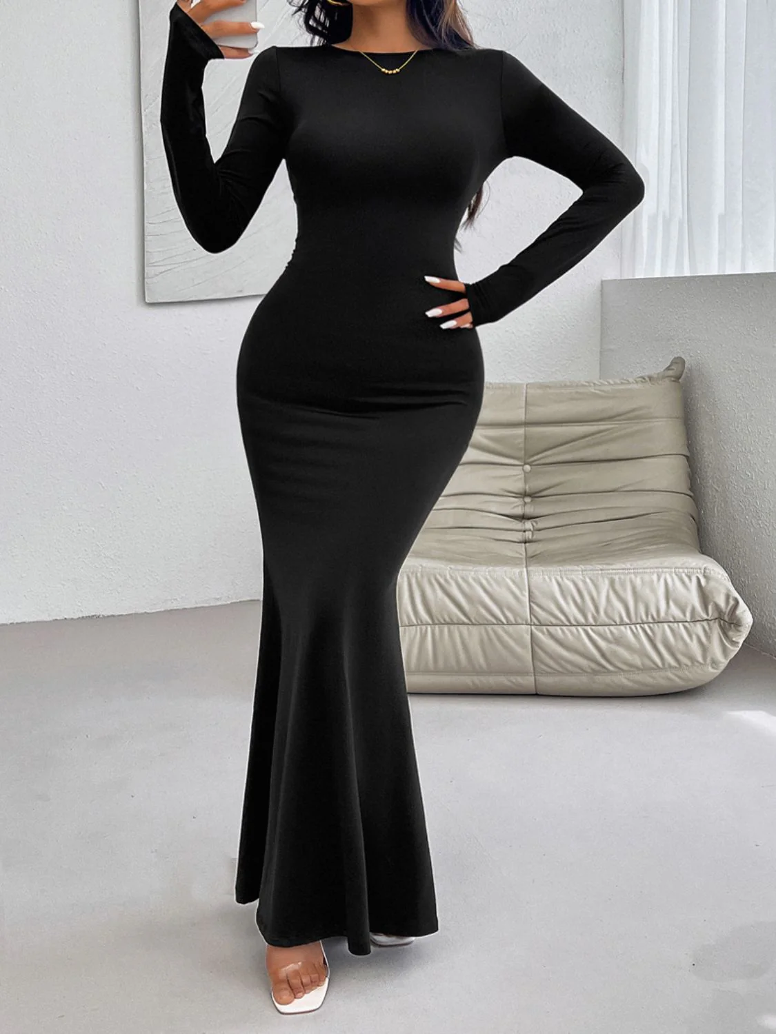 Devine Backless Round Neck Long Sleeve Maxi Dress - Image 17