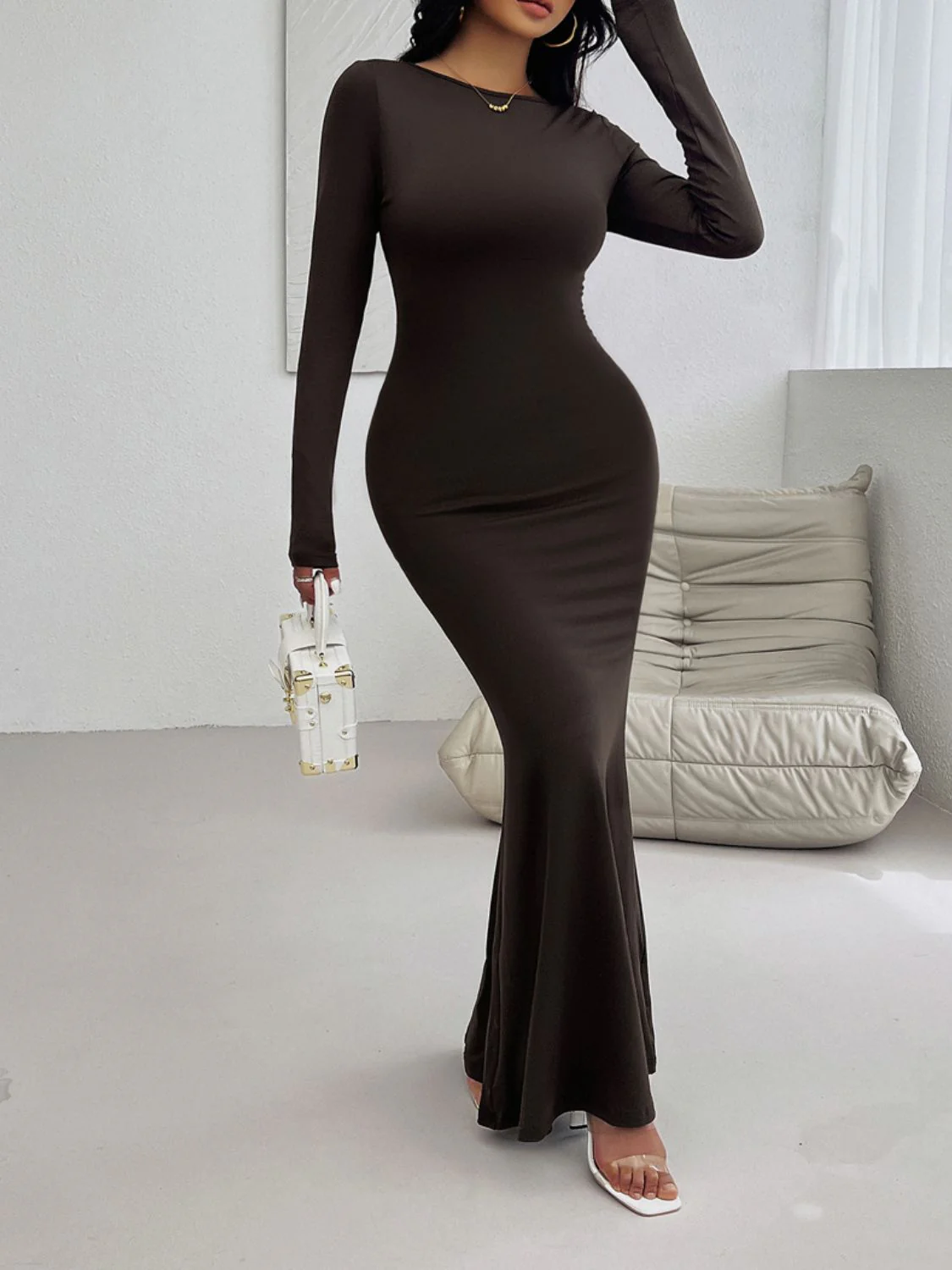 Devine Backless Round Neck Long Sleeve Maxi Dress - Image 3
