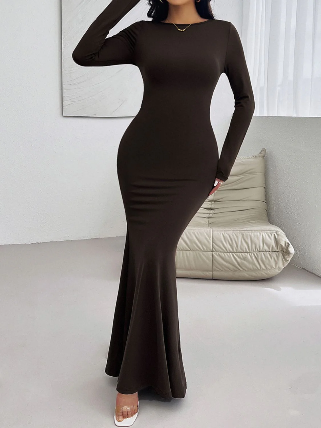 Devine Backless Round Neck Long Sleeve Maxi Dress - Image 4
