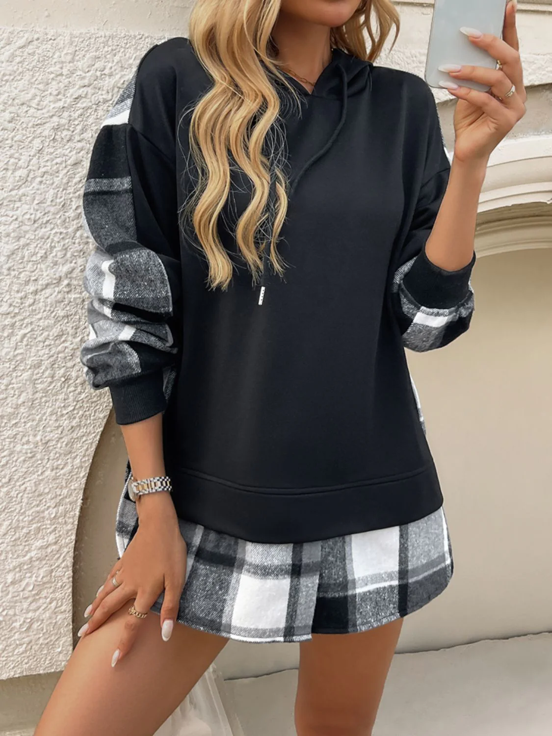 Devine Drawstring Plaid Long Sleeve Hoodie - Image 12
