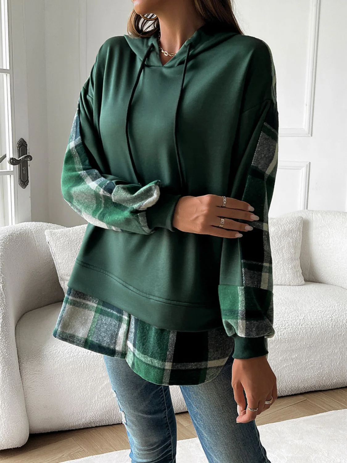 Devine Drawstring Plaid Long Sleeve Hoodie - Image 17