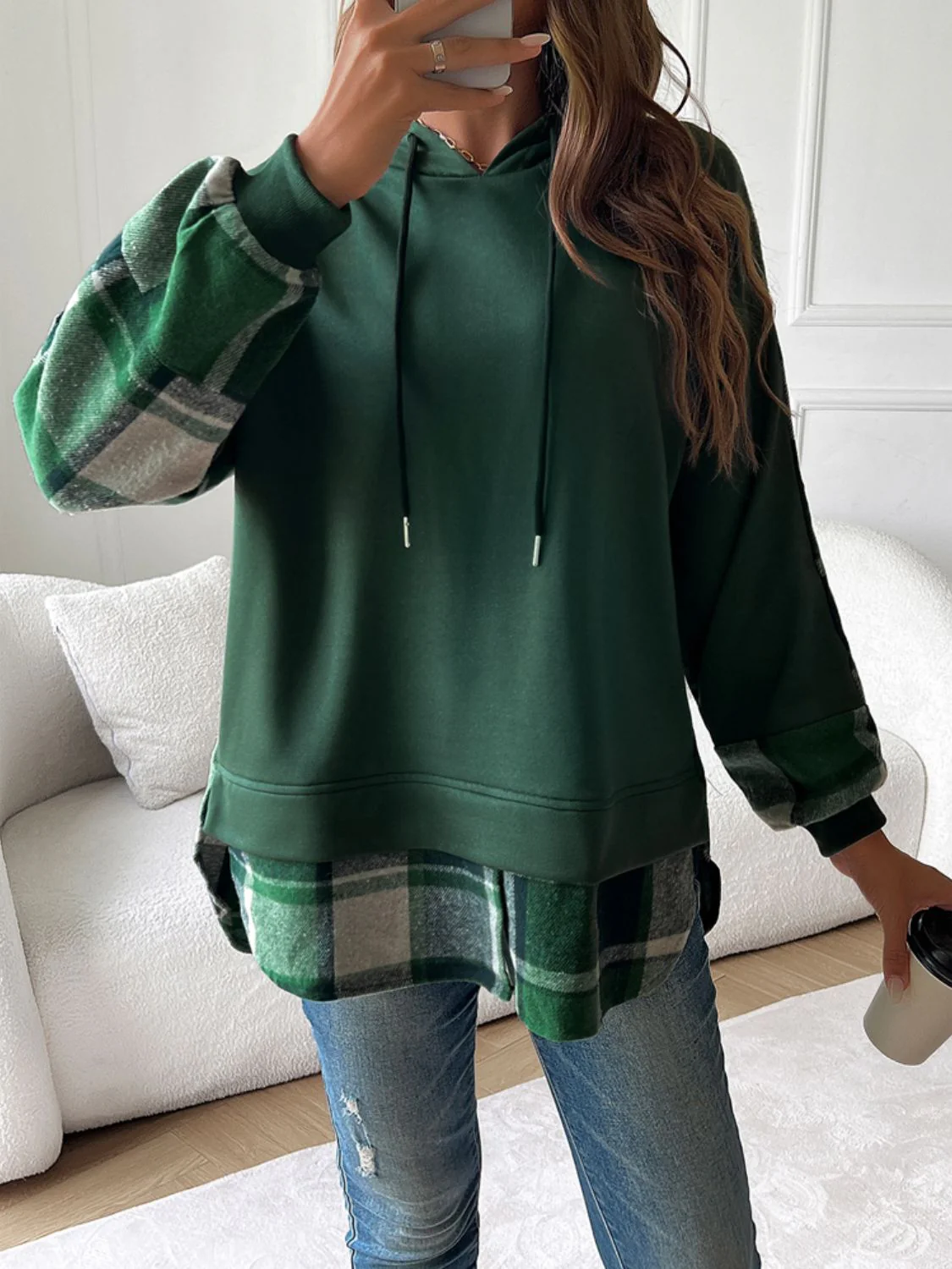 Devine Drawstring Plaid Long Sleeve Hoodie - Image 20