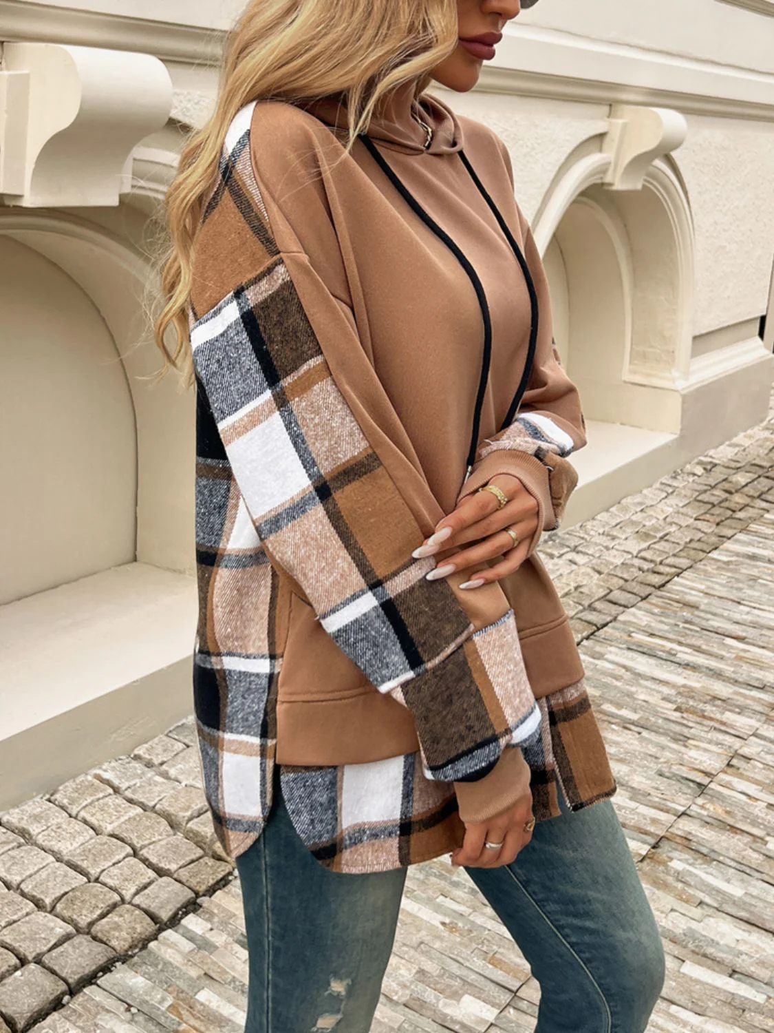 Devine Drawstring Plaid Long Sleeve Hoodie - Image 3