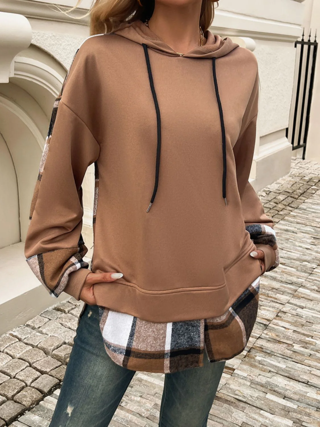 Devine Drawstring Plaid Long Sleeve Hoodie - Image 4