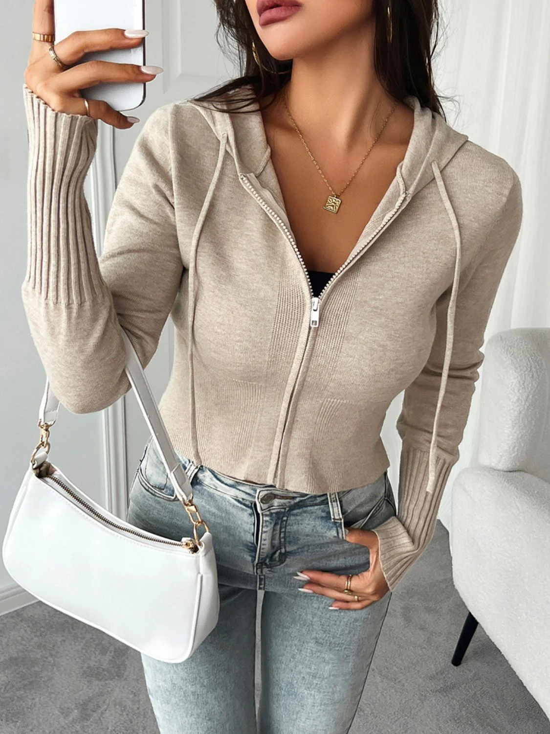 Devine Drawstring Zip Up Hooded Cardigan - Image 3