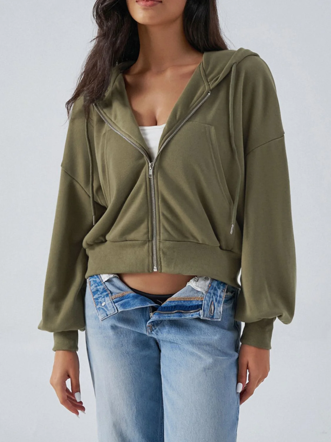 Devine Drawstring Zip Up Long Sleeve Hoodie - Image 3