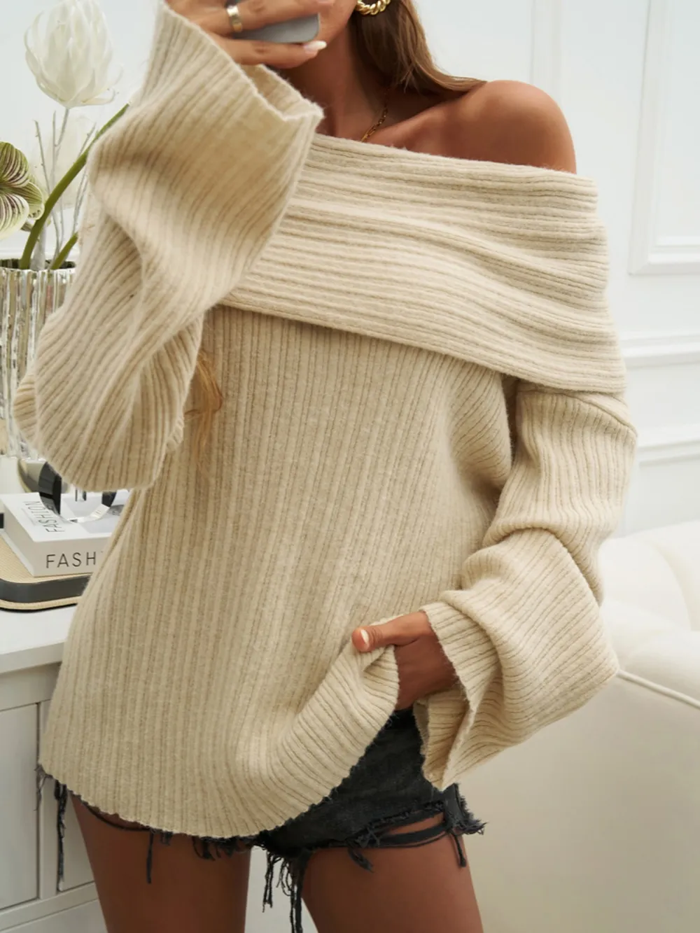 Devine Off-Shoulder Extra-Long Sleeve Sweater - Image 6