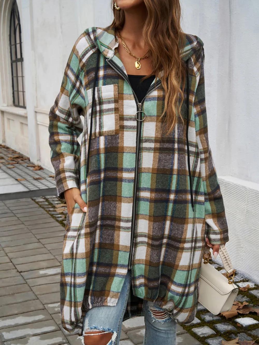 Devine Plaid Zip Up Hooded Coat - Image 10