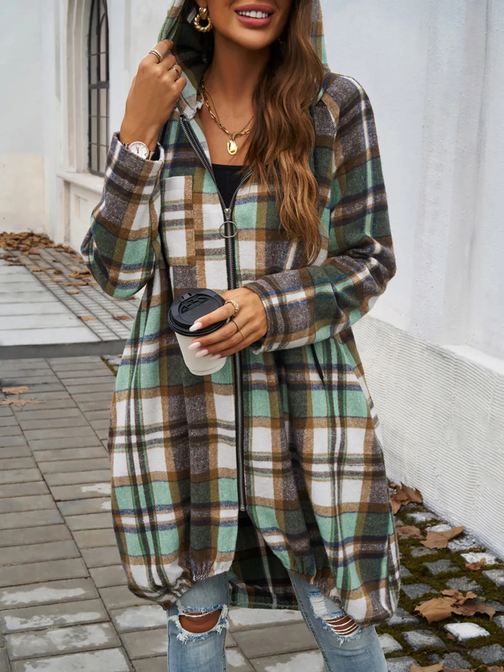 Devine Plaid Zip Up Hooded Coat - Image 11