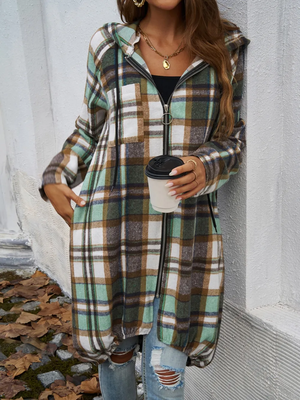Devine Plaid Zip Up Hooded Coat - Image 12