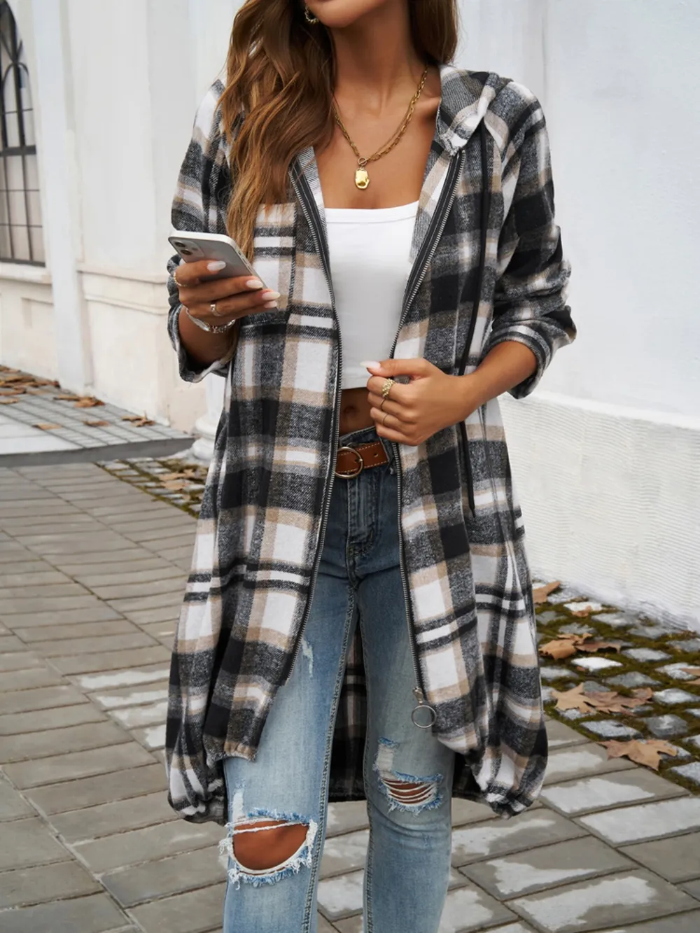 Devine Plaid Zip Up Hooded Coat - Image 21