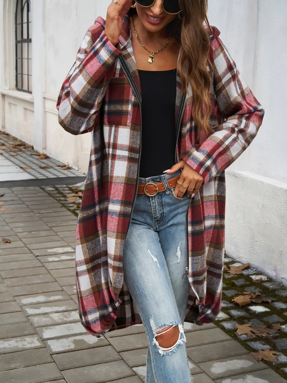 Devine Plaid Zip Up Hooded Coat - Image 3