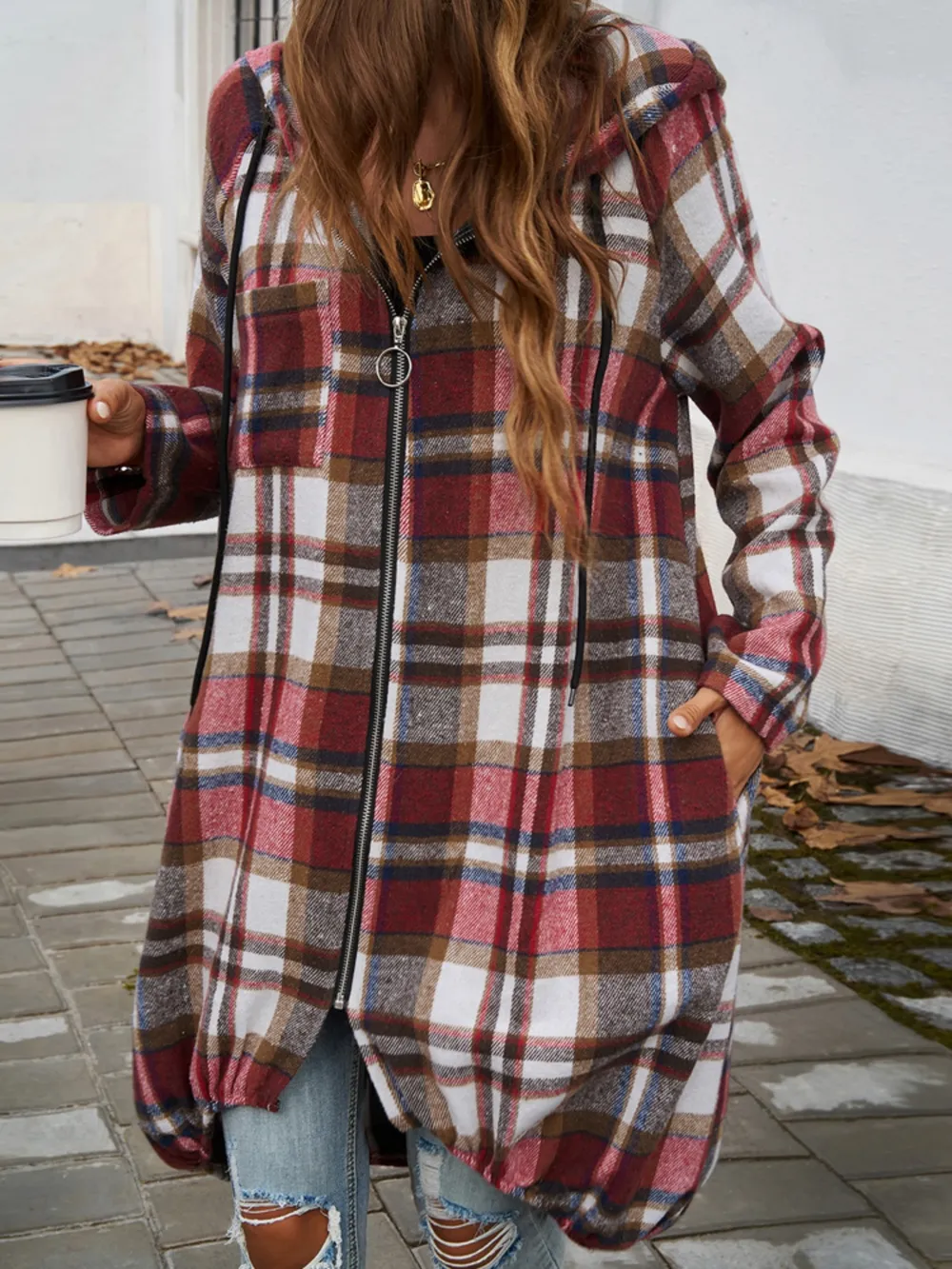 Devine Plaid Zip Up Hooded Coat - Image 5