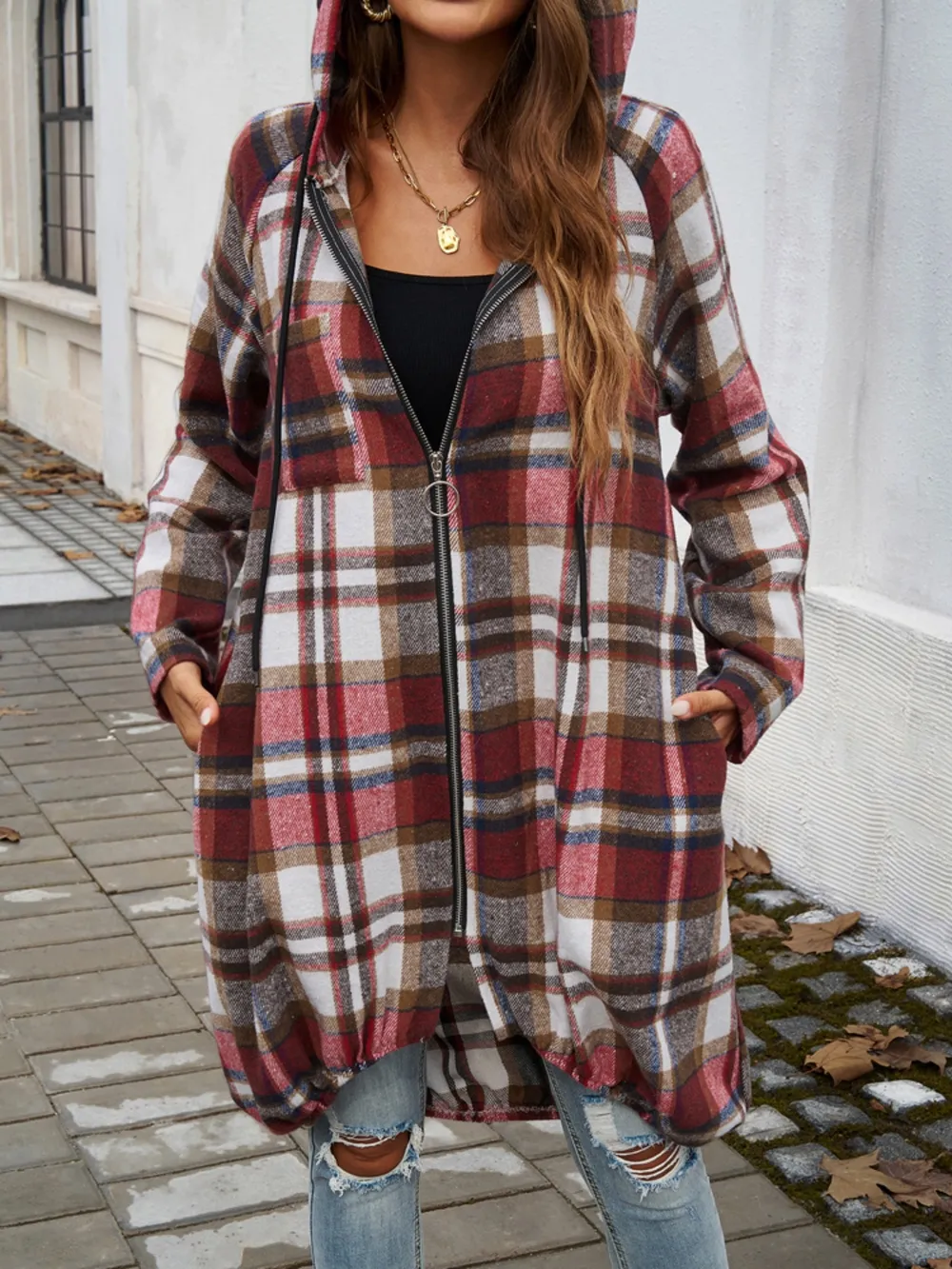 Devine Plaid Zip Up Hooded Coat - Image 6