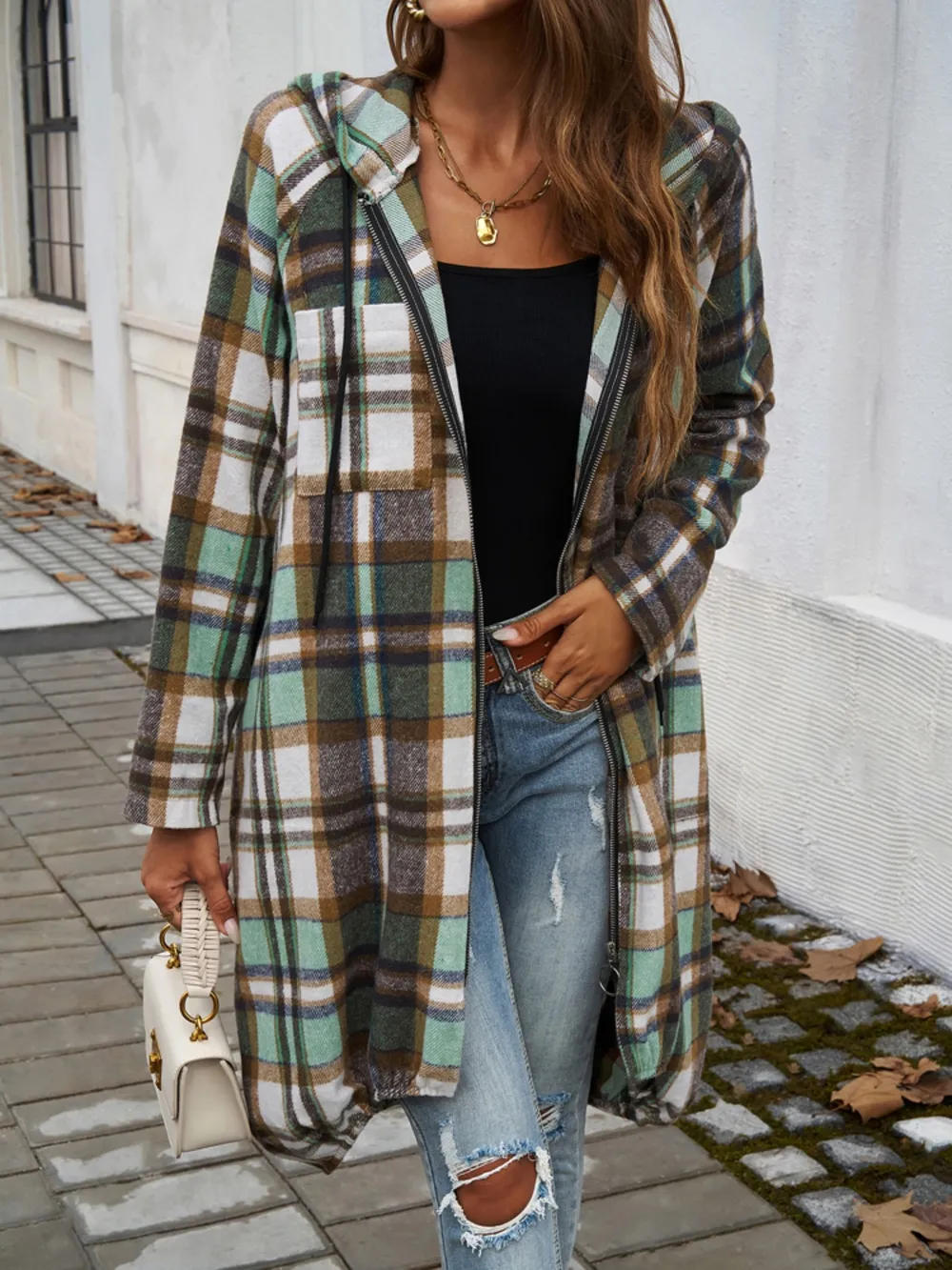 Devine Plaid Zip Up Hooded Coat - Image 7