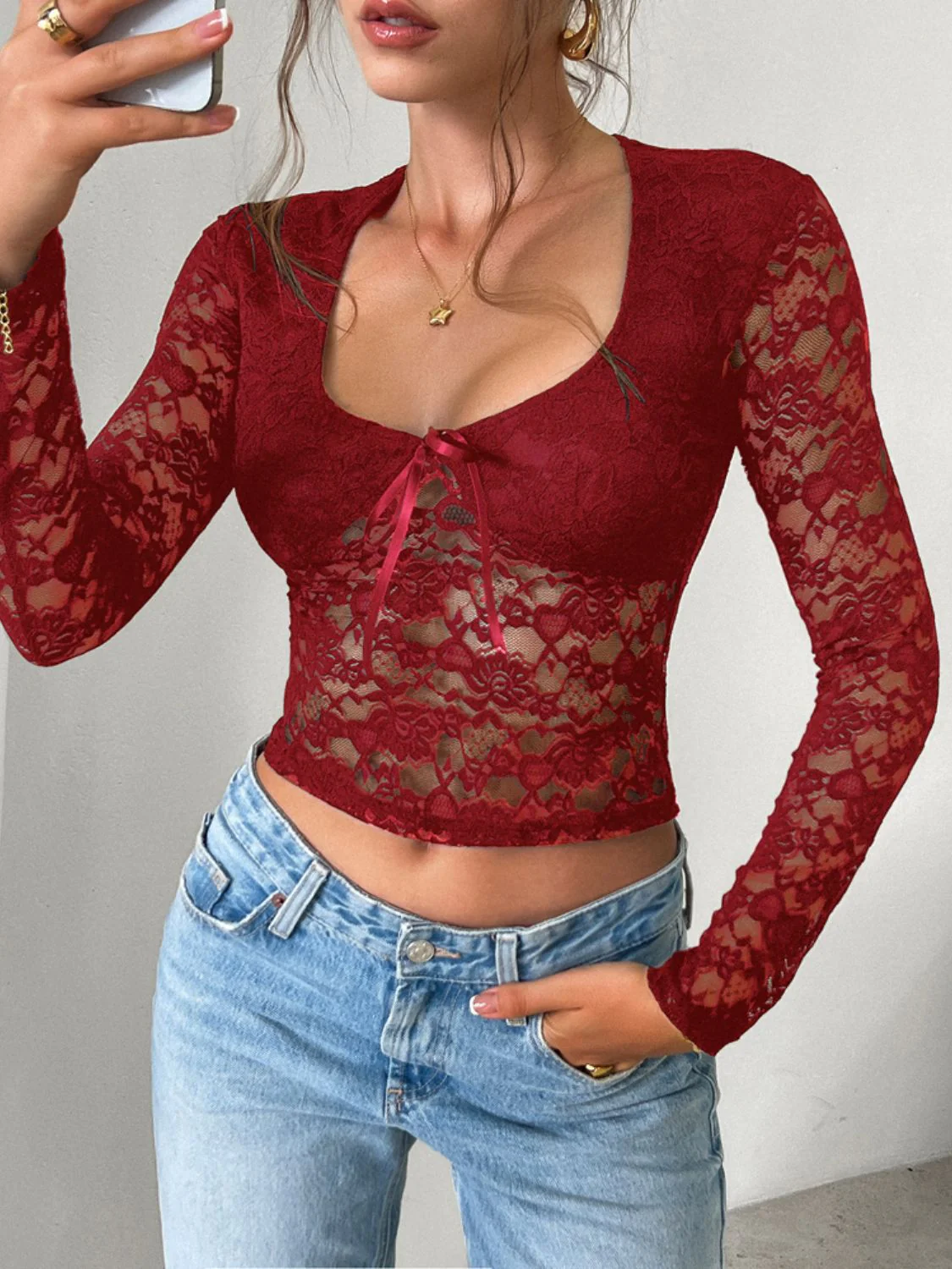 Devine Scoop Neck Long Sleeve Lace Top - Image 7