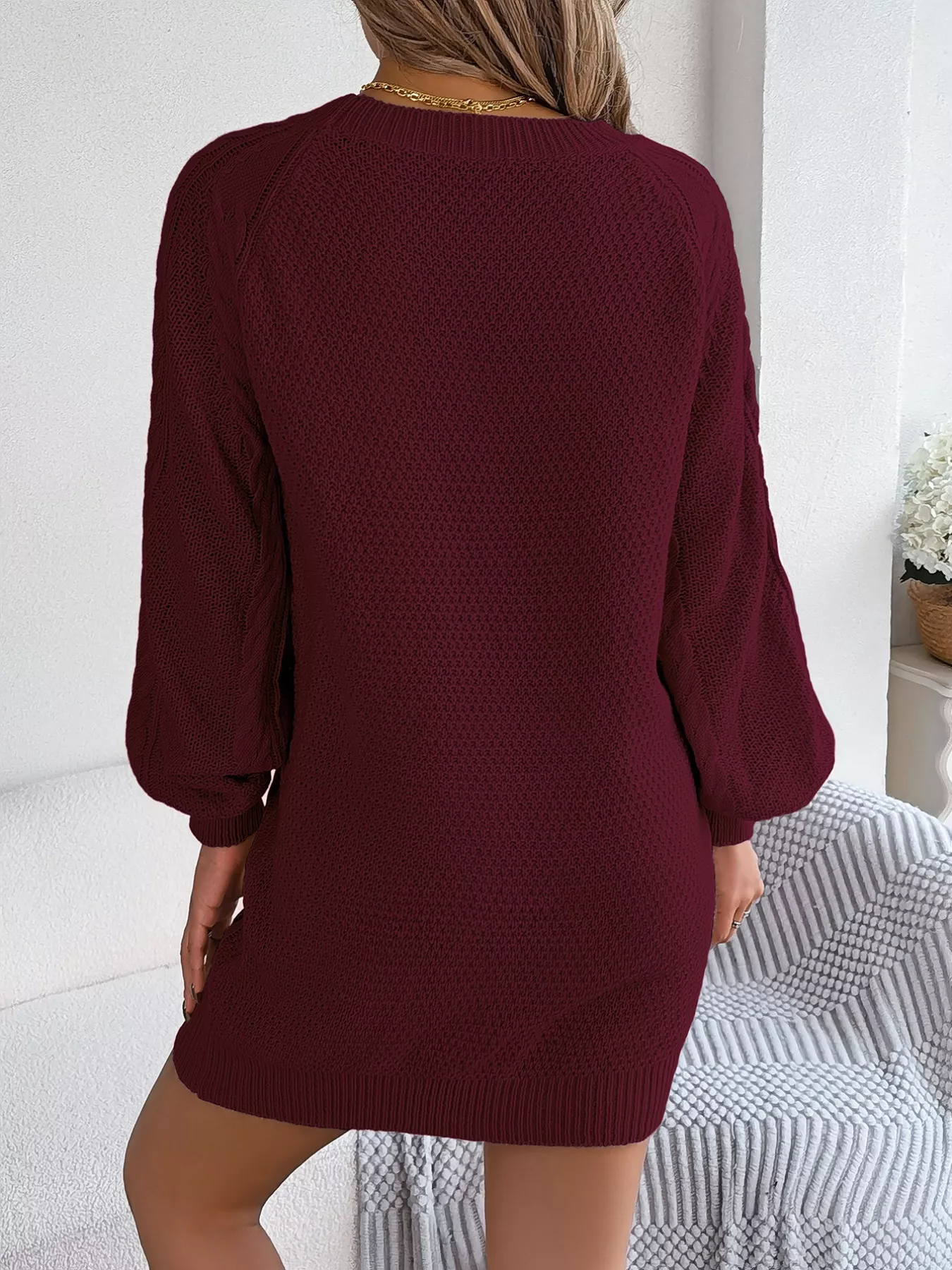 Diamond Cable Knit Sweater Dress with Long Sleeves - Image 11