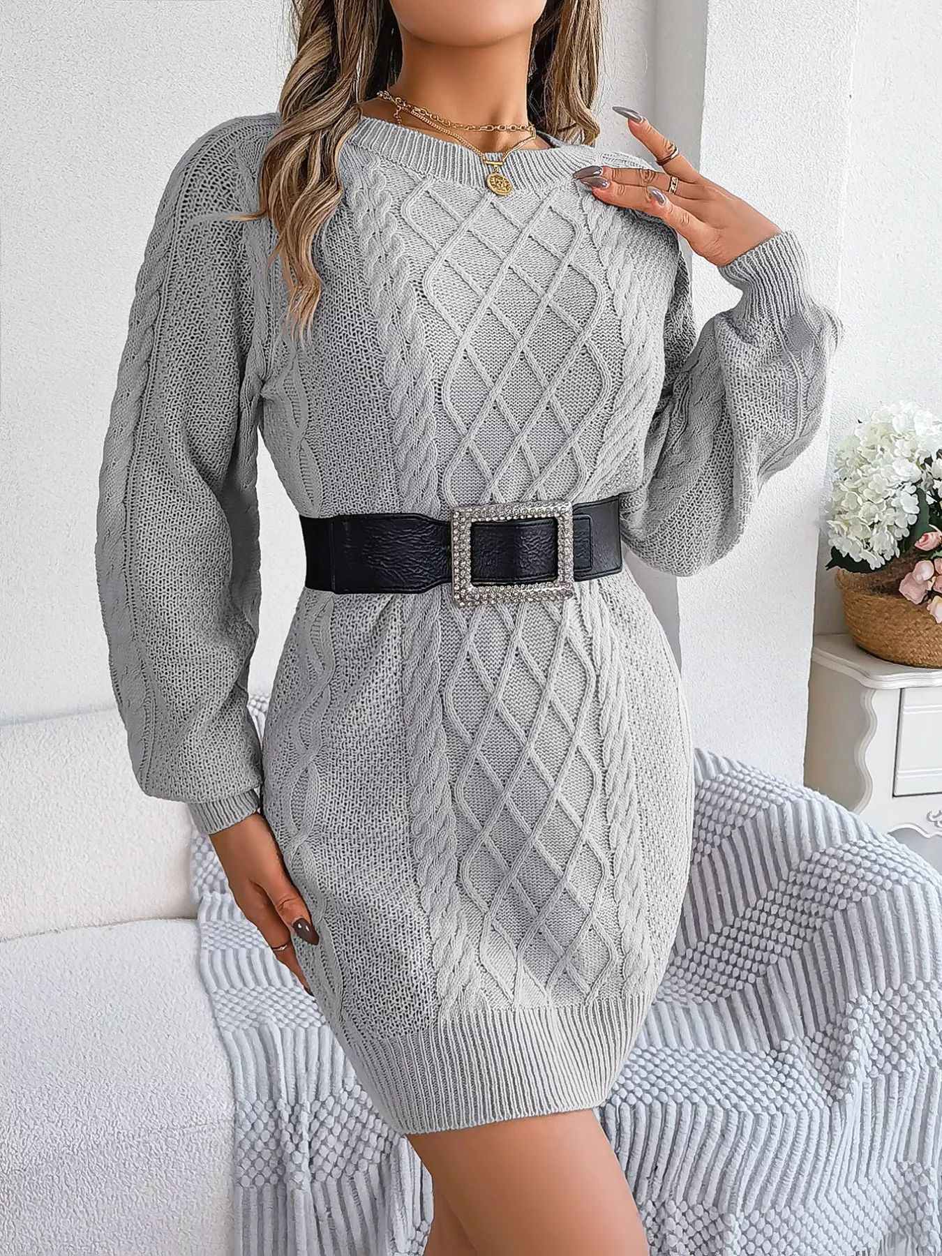Diamond Cable Knit Sweater Dress with Long Sleeves - Image 18