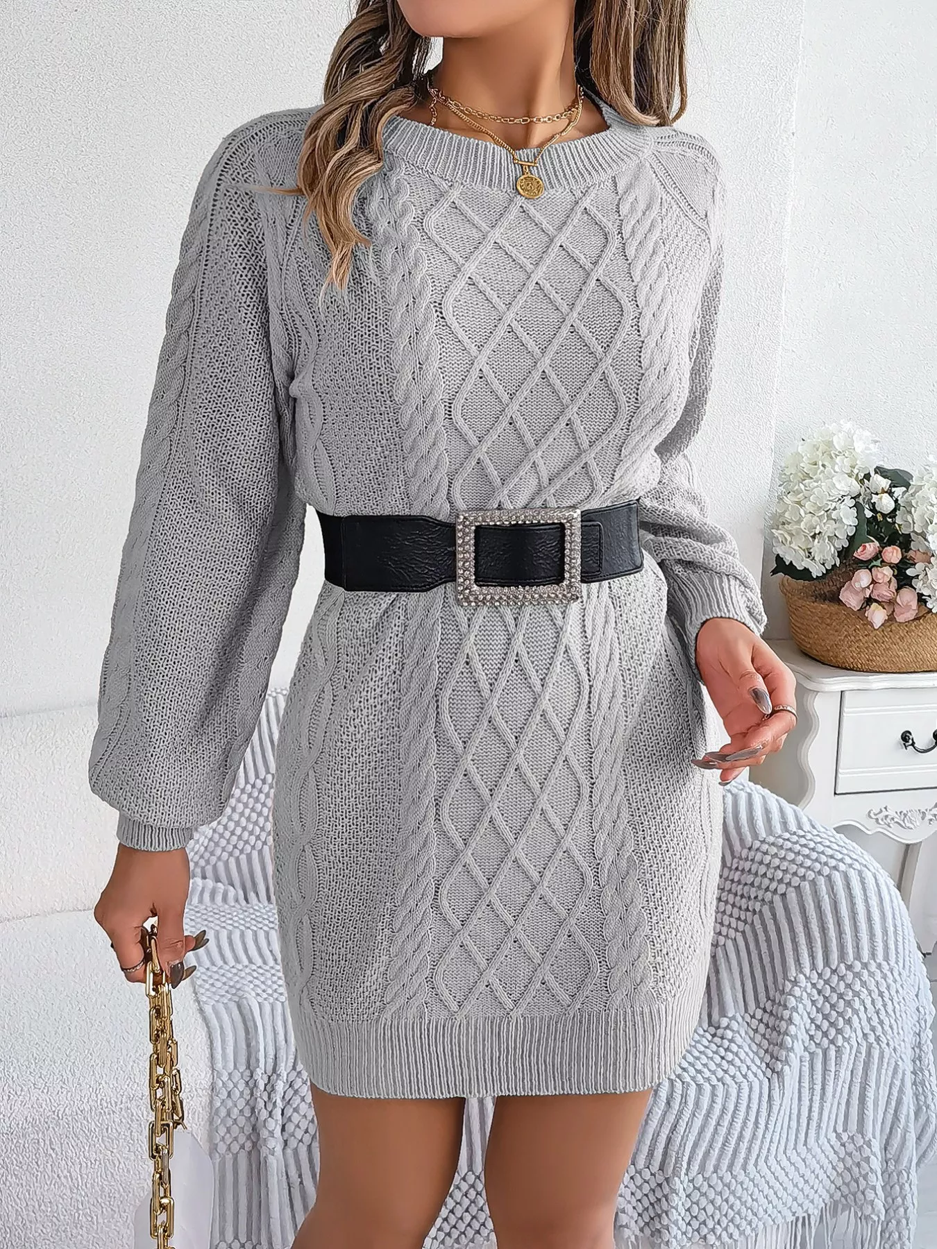 Diamond Cable Knit Sweater Dress with Long Sleeves - Image 19