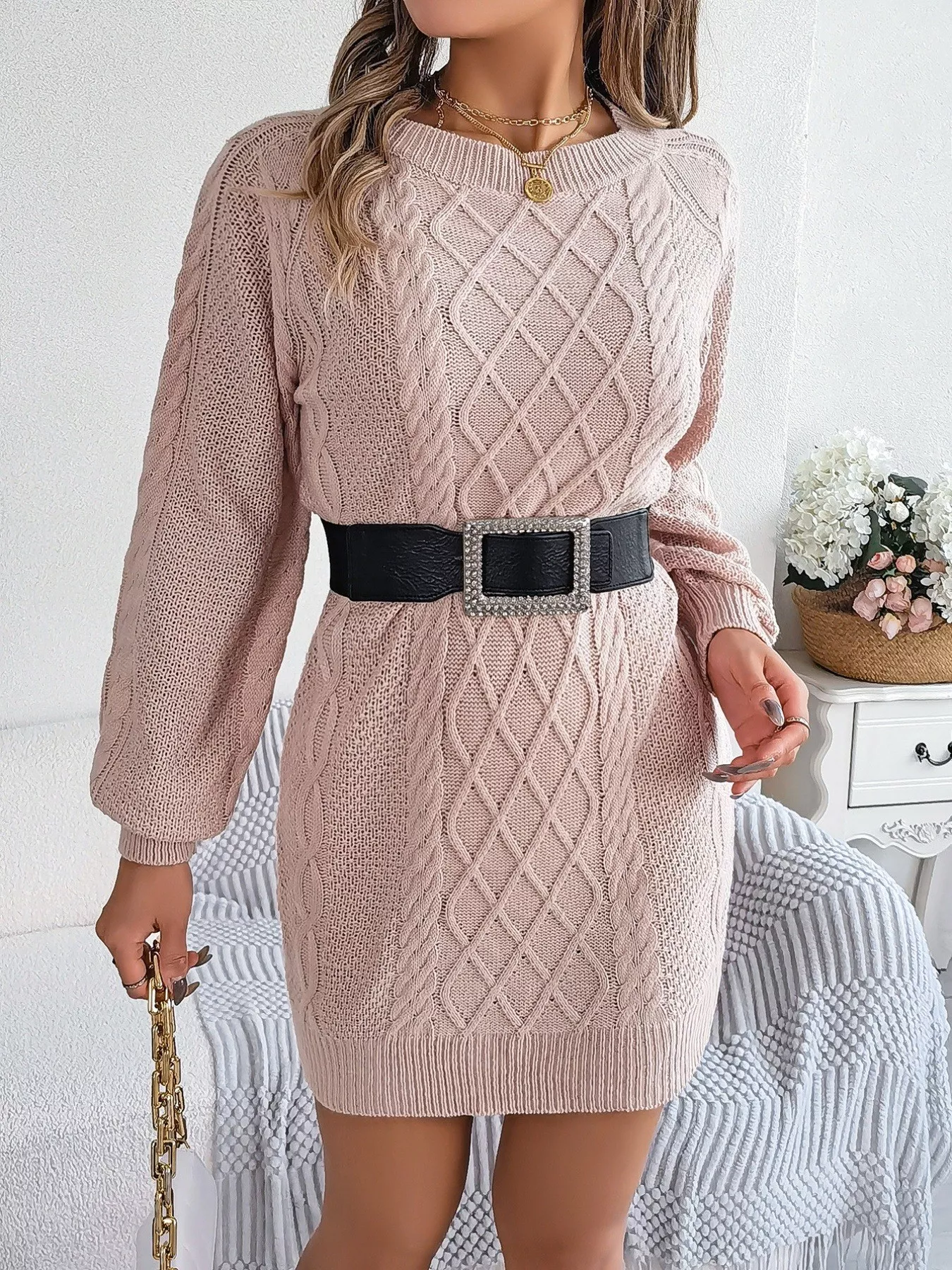 Diamond Cable Knit Sweater Dress with Long Sleeves - Image 3