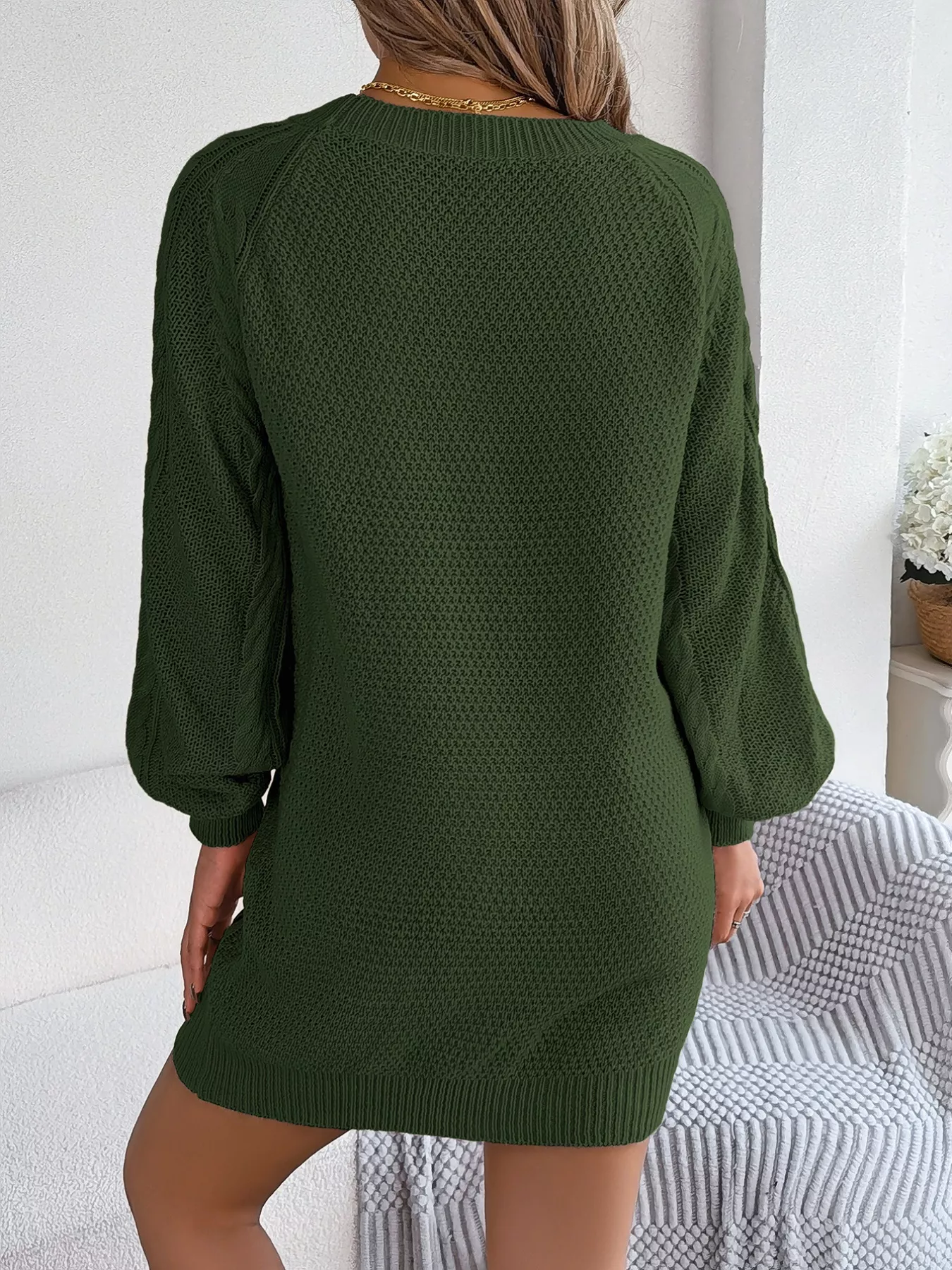 Diamond Cable Knit Sweater Dress with Long Sleeves - Image 6