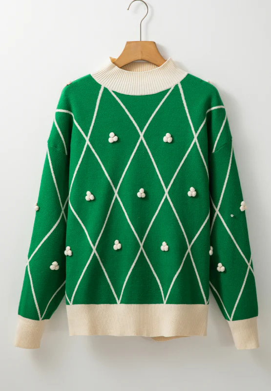 Diamond Pattern Contrast Trim Mock Neck Sweater - Image 6