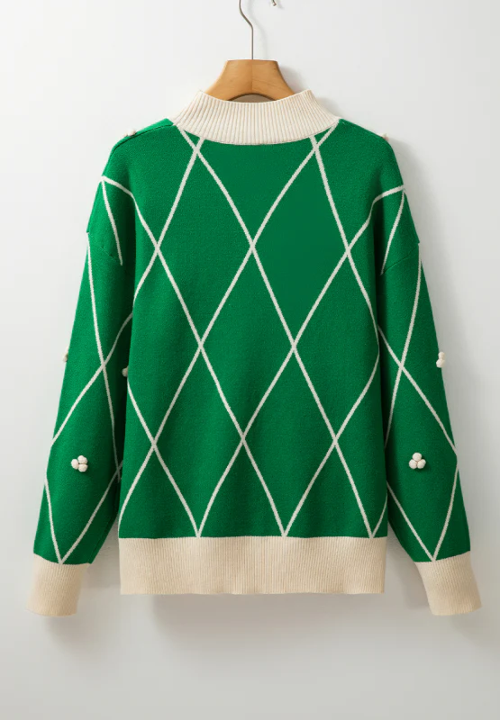Diamond Pattern Contrast Trim Mock Neck Sweater - Image 7