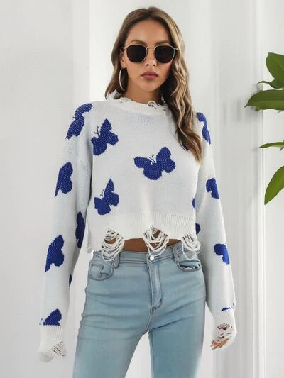 Distressed Butterfly Cropped Sweater - Image 3