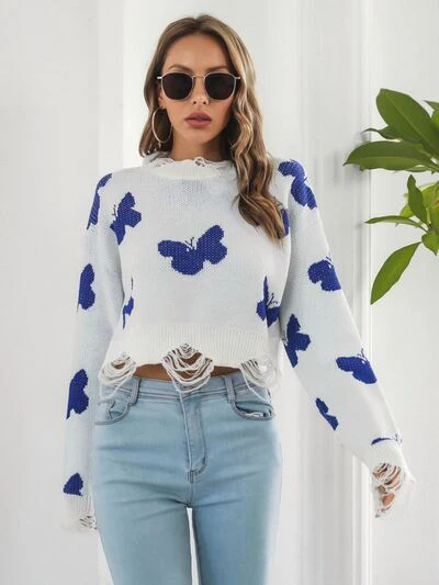 Distressed Butterfly Cropped Sweater - Image 4