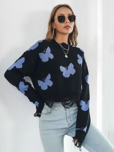 Distressed Butterfly Cropped Sweater - Image 9