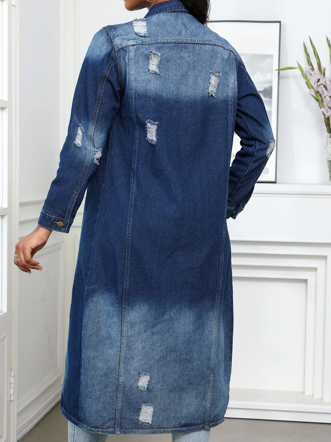 Distressed Button Up Collared Neck Denim Top - Image 2