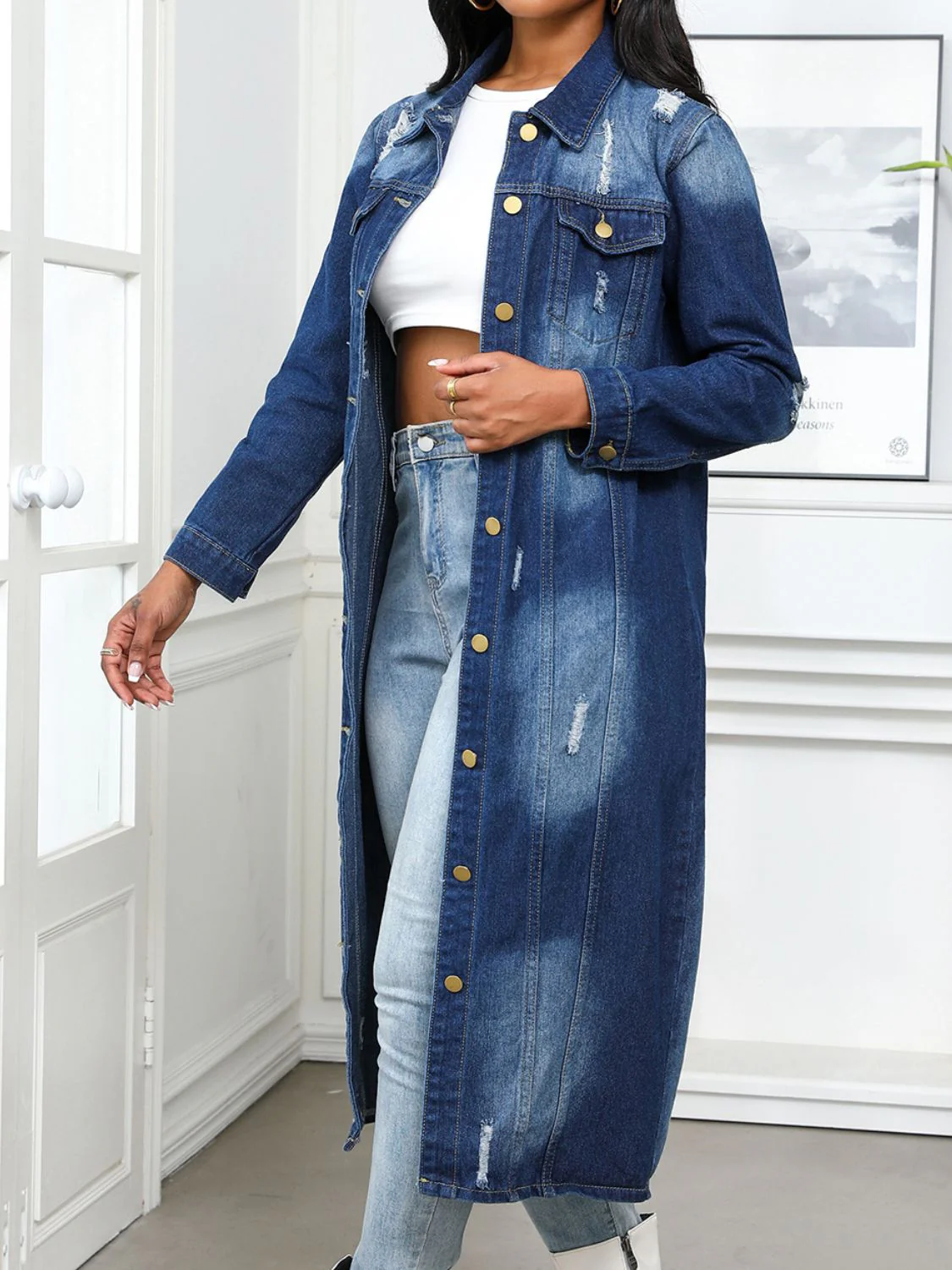 Distressed Button Up Collared Neck Denim Top - Image 4