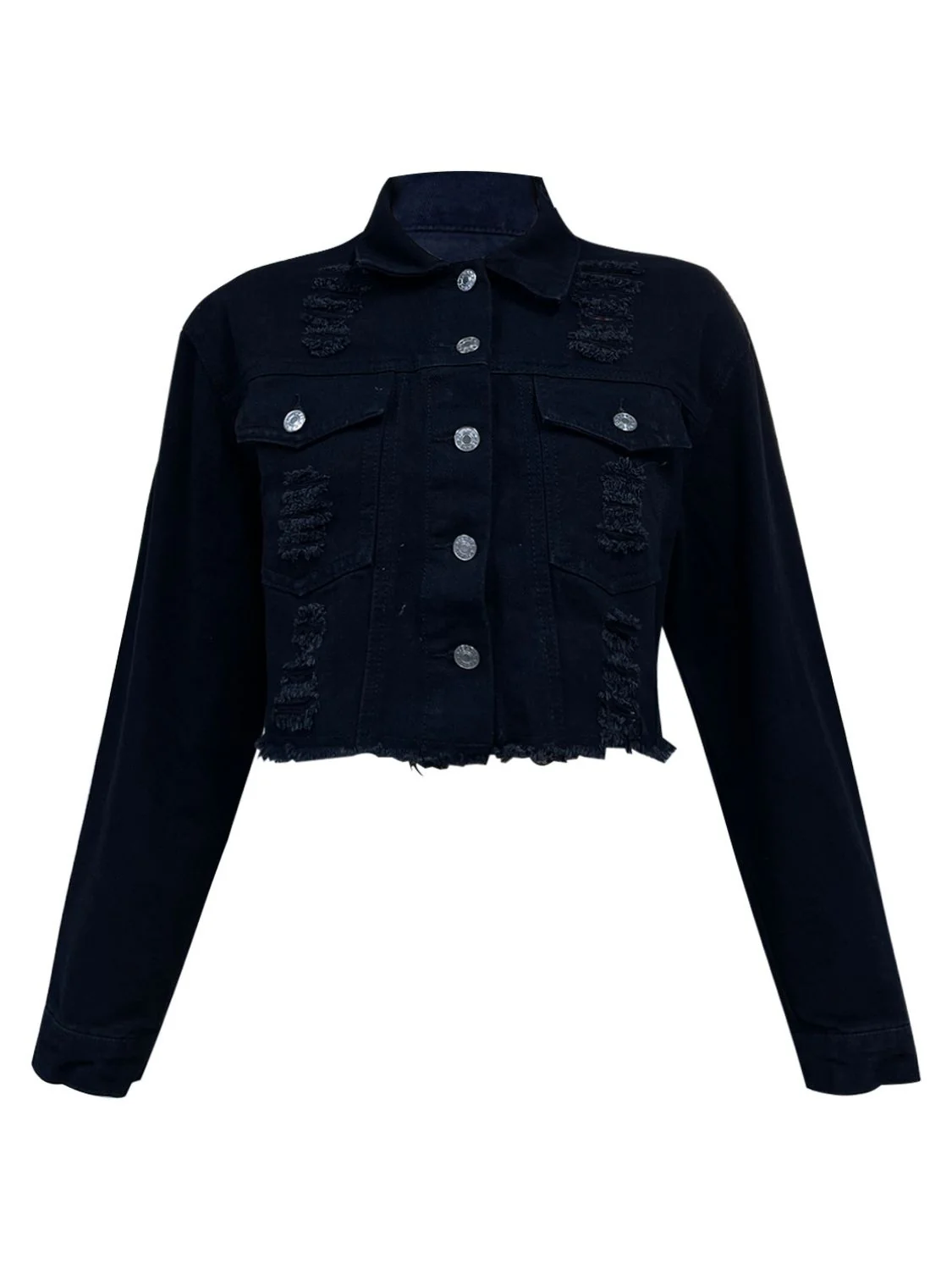 Distressed Collared Neck Long Sleeve Denim Top - Image 3