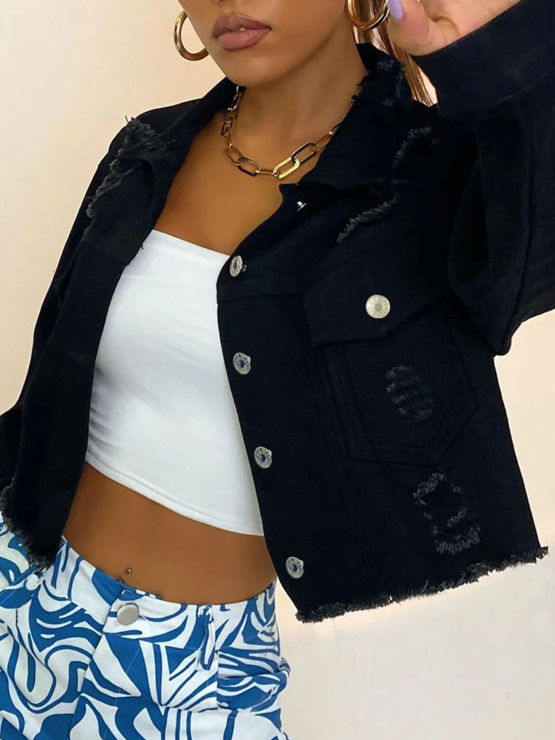 Distressed Collared Neck Long Sleeve Denim Top - Image 4