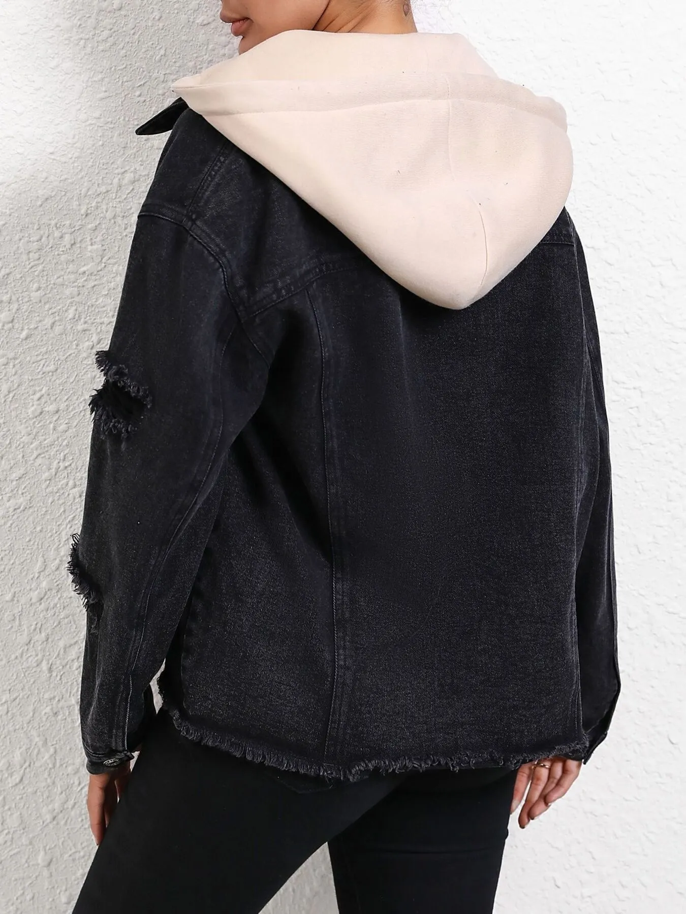 Distressed Drawstring Button Up Hooded Denim Jacket - Image 6