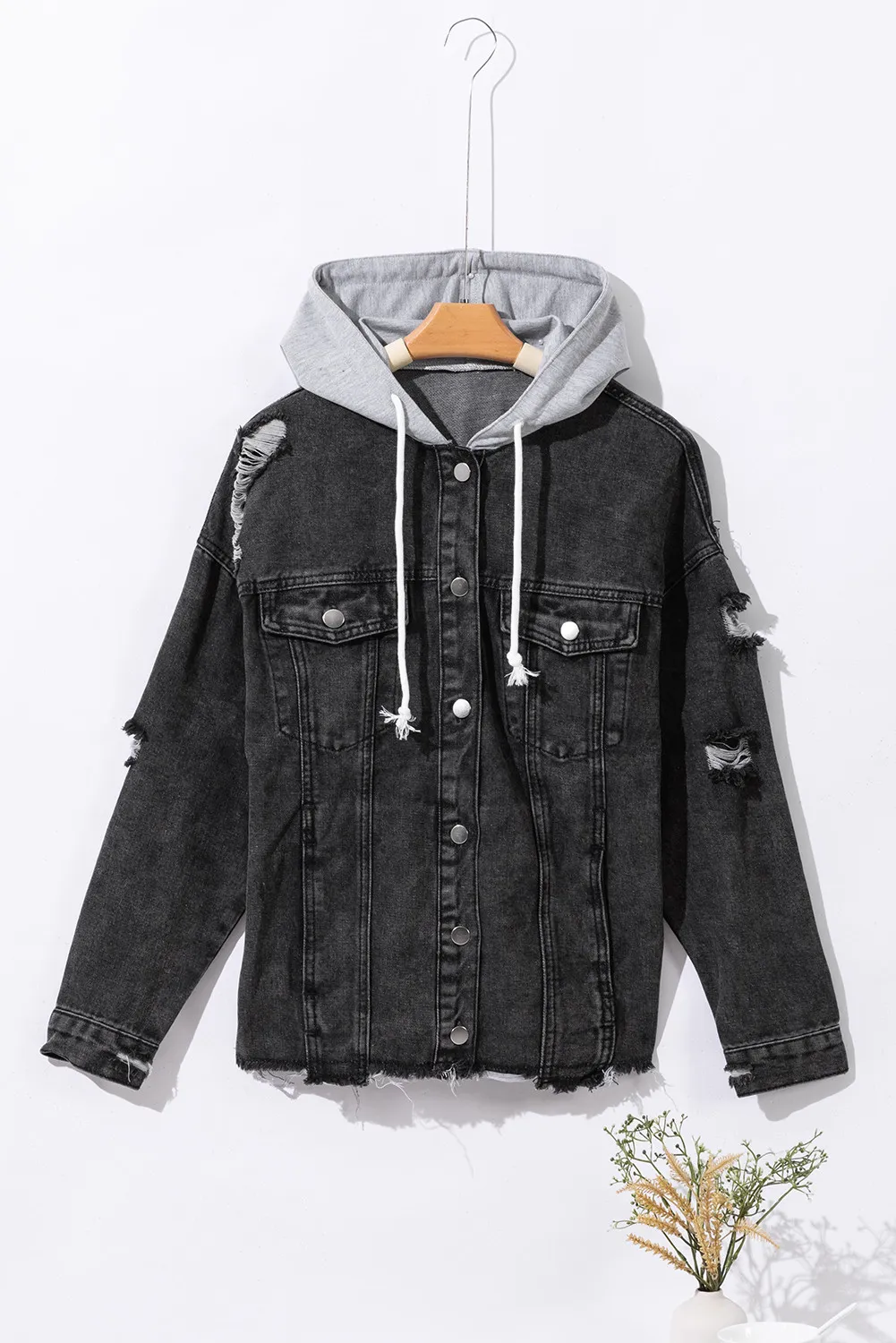 Distressed Drawstring Long Sleeve Hooded Denim Jacket - Image 2