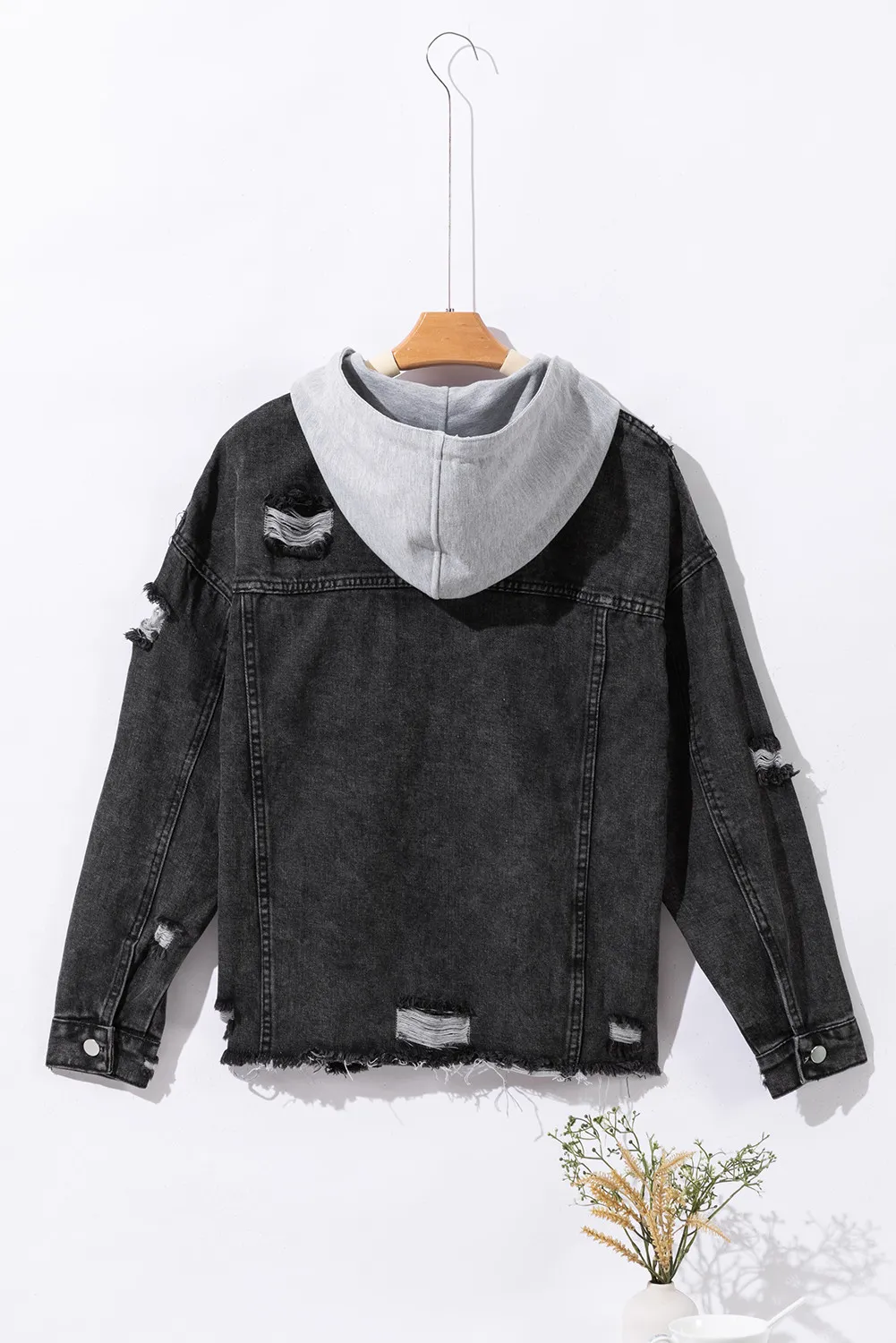 Distressed Drawstring Long Sleeve Hooded Denim Jacket - Image 3