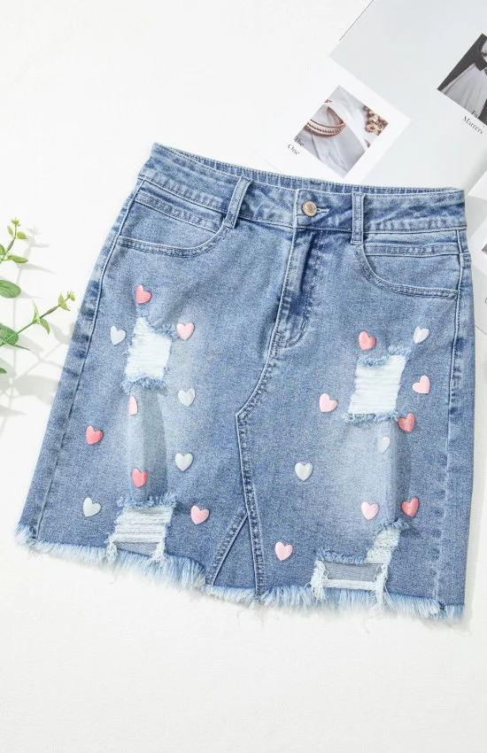 Distressed Raw Hem Heart Denim Skirt - Image 3