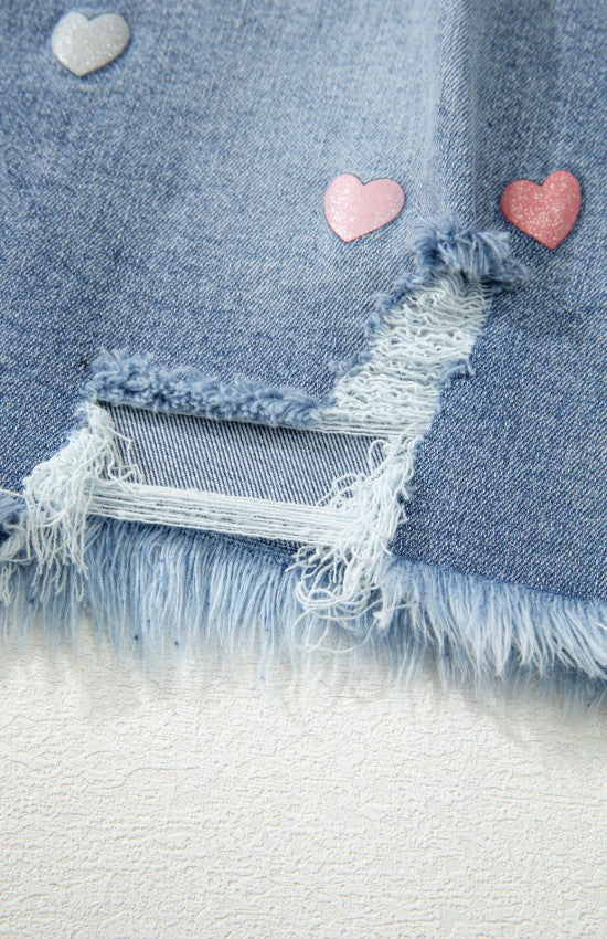 Distressed Raw Hem Heart Denim Skirt - Image 7