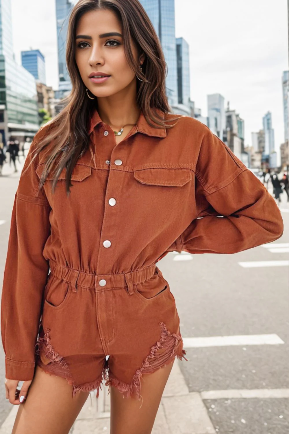 Distressed Raw Hem Snap Down Romper - Image 2