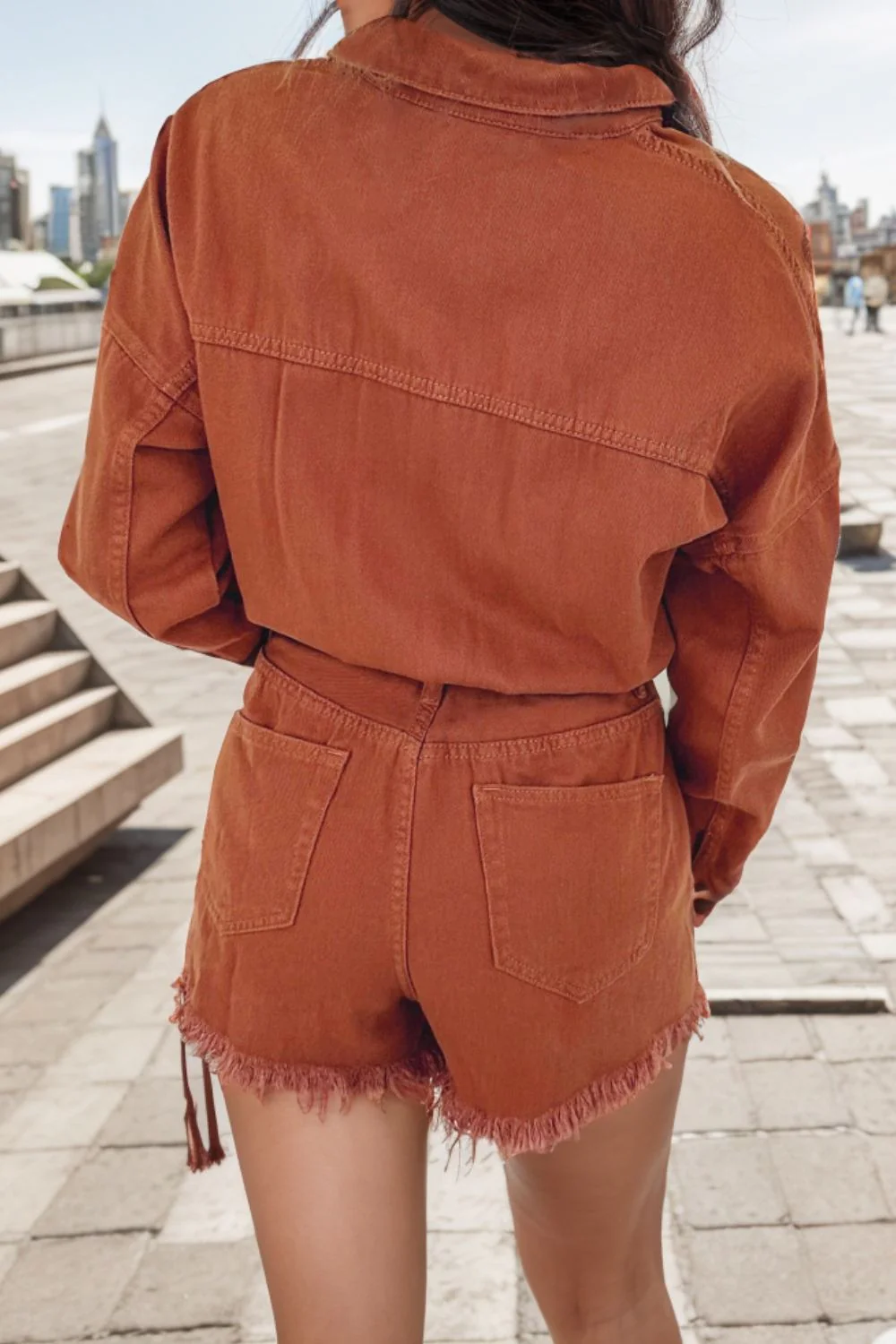 Distressed Raw Hem Snap Down Romper - Image 3