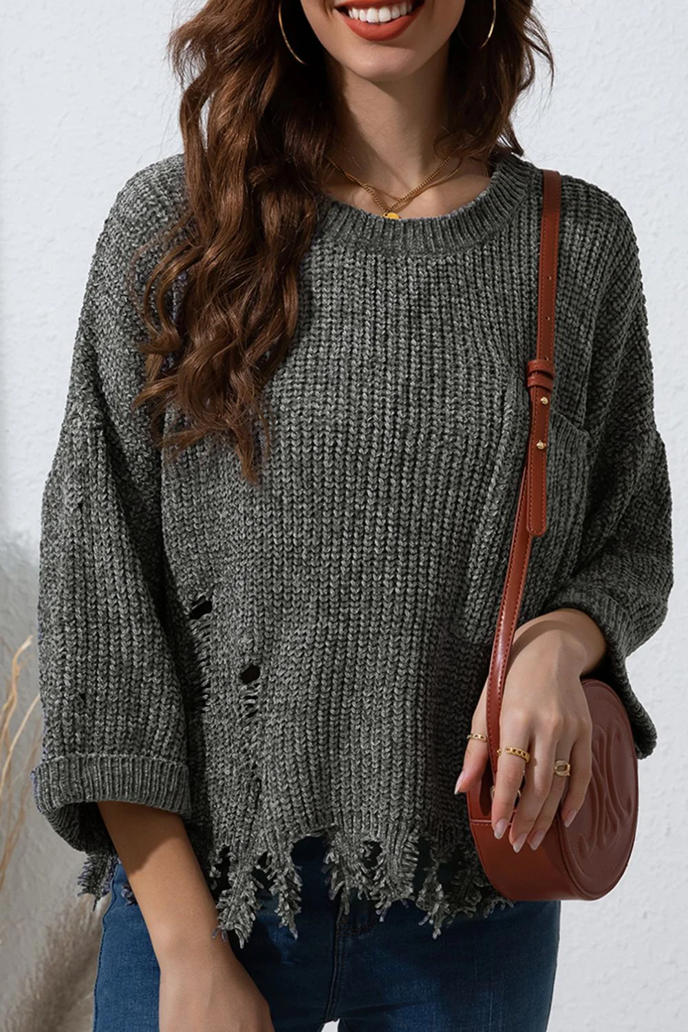 Distressed Round Neck Drop Shoulder Sweater - Image 5